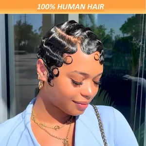 2025 Arrivals Wholesale Elegant 13x4x1 T-Part Lace Frontal Wig - Short Finger Wave Pixie Cut Human Hair, 150% Density Pre Plucked Lace Closure, Ocean Wave, Swiss HD Lace for Natural Looking, Black Color, for Women