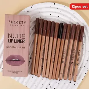 12-in-1 Natural Lip Liner Set Waterproof & Long-Lasting Wood Tone Pencils For Defining, Contouring & Correcting Lips Velvety Matte, Blendable Formula Complete Nude Lip Makeup Kit