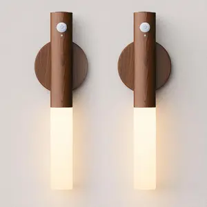 Battery-Operated Motion Sensor Night Lights: 2200mAh Rechargeable Wall Sconces Magnetic Wall Lights Wireless Stairway Lights Portable Hallway Light Wooden Wall Lighting for Bedroom Stair Picture