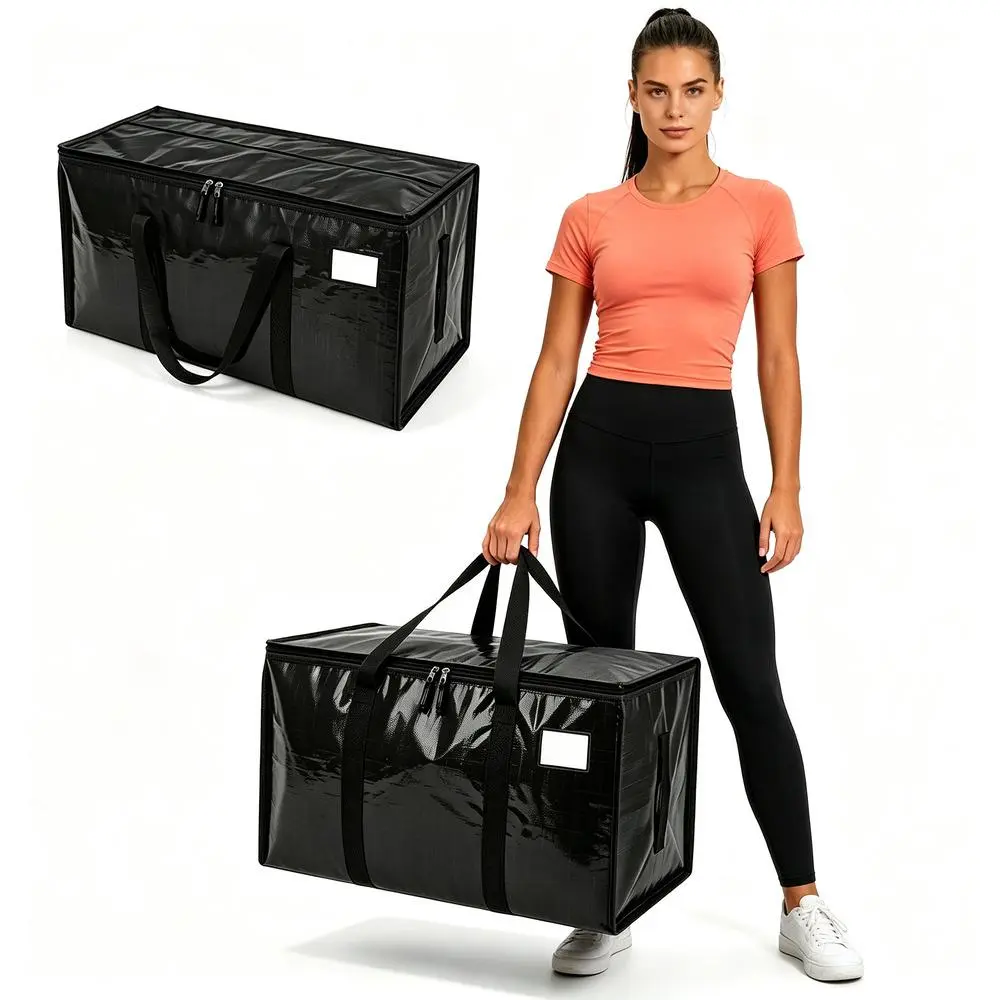 Dorm Apartment Garage Storage Totes Dual Zipper Label Slot Waterproof Reinforced Strap Foldable Large Blanket Pillow Bins 2~8 Pack Black
