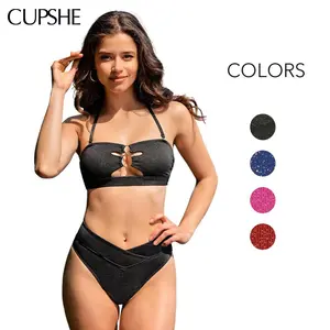 CUPSHE 【Valentine's Day】 Sparking Lurex O-Ring Bandeau & Cheeky Bikini Set Casual Beachwear V Front High Rise Waist Swimwear Swimsuit Summer Pool Party Bathing Suits