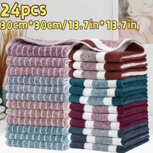 [24pcs Microfiber Square Towels] 24pcs Microfiber Square Towel Set | Super Absorbent, Soft Coral Fleece, Wide Striped Pattern, 30cm*30cm/11.8*11.8in,  Wash Cloths, Small Hanging Hand Towels, Bathroom Towel Set, Absorbent Breathable Towel