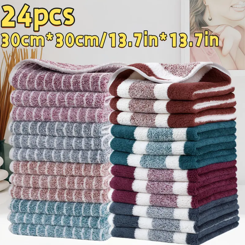 24pcs Microfiber Square Towel Set | Super Absorbent, Soft Coral Fleece, Wide Striped Pattern, 30cm*30cm/11.8*11.8in, Wash Cloths, Small Hanging Hand Towels, Towels For Bathroom