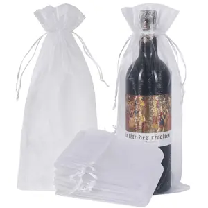 30pcs White Organza Wine Bags, Sheer Mesh Wine Gift Pouches Bottle Covers Dresses Drawstring for Christmas