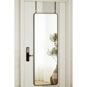 14"x48" Full Length Over The Door Mirror -  Alloy Frame Full  Mirror with Height-Adjustable Hangers, Hanging Leaning Against Wall for Dorm, Black