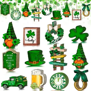 24 Pieces of St. Patrick's Day Decorations, Wooden Clover and Dwarf Hanging Decorations, Holiday Wooden Hollows for Festive Decor, Party Decoration, Ornaments