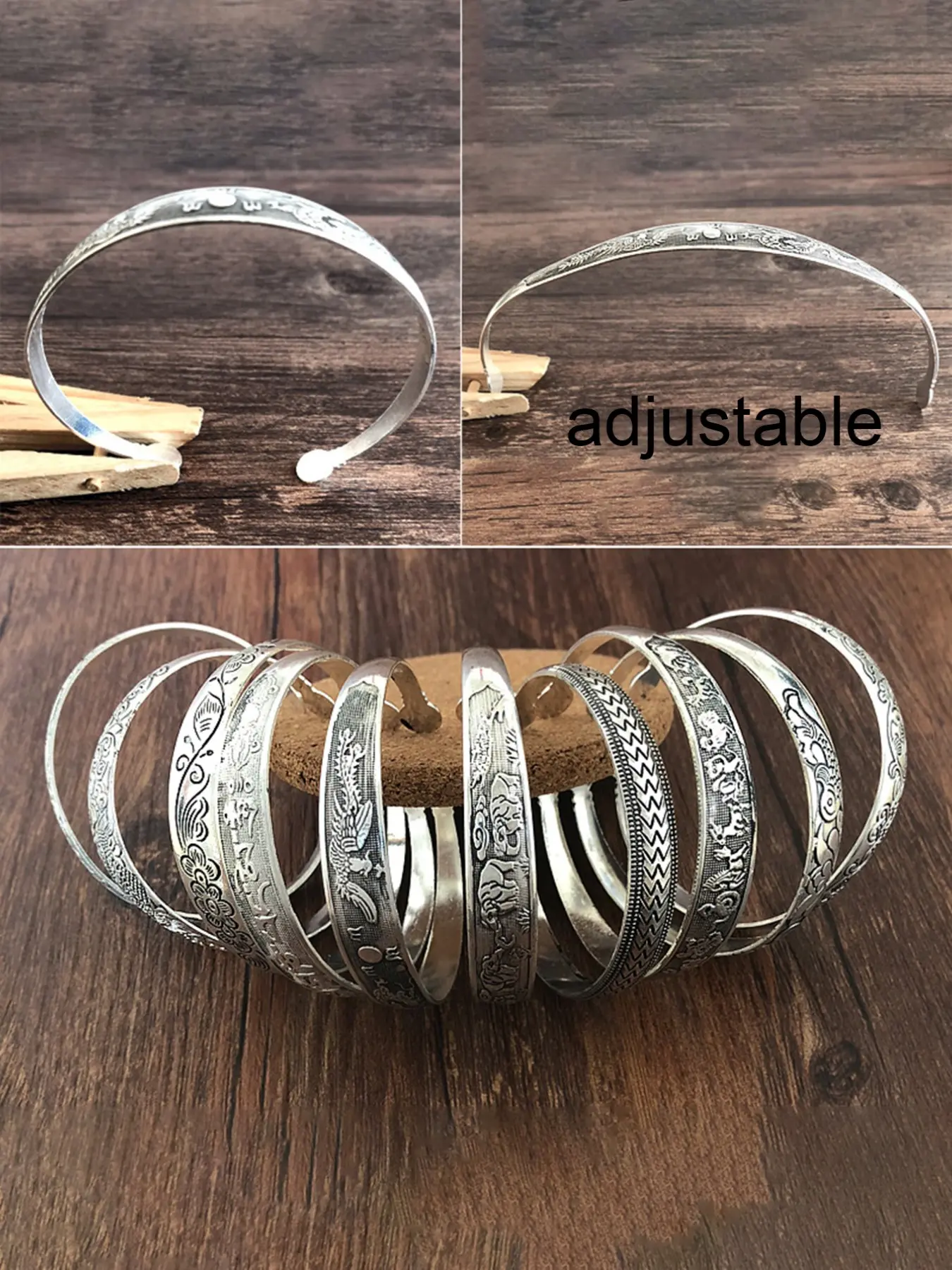 10 Pcs Vintage Ethnic Tibetan Miao Silver Color Bracelet Set, Women's Retro Carved Open Design Bangle Collection, Fashion Jewelry Accessories