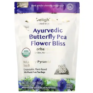 DelighTeas Ayurvedic Butterfly Pea Flower Bliss, Herbal Beau-Tea, Caffeine Free, 30 Luxury Pyramid Tea Bags, 2.1 oz (60 g)