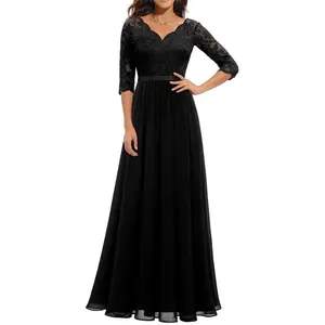 Women's Long Dress, Solid Color Patchwork Lace V-neck Mid-Sleeve Backless Back Zipper Female Dress Casual Polyester Summer Blue Womenswear Check Vneck Light Basic