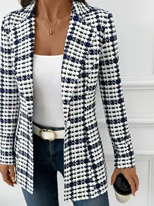 A blue and white herringbone long sleeved suit jacket for women, Notched lapel blazer, with a classic herringbone pattern that looks slim and suitable for commuting to work, shopping, and outdoor activities