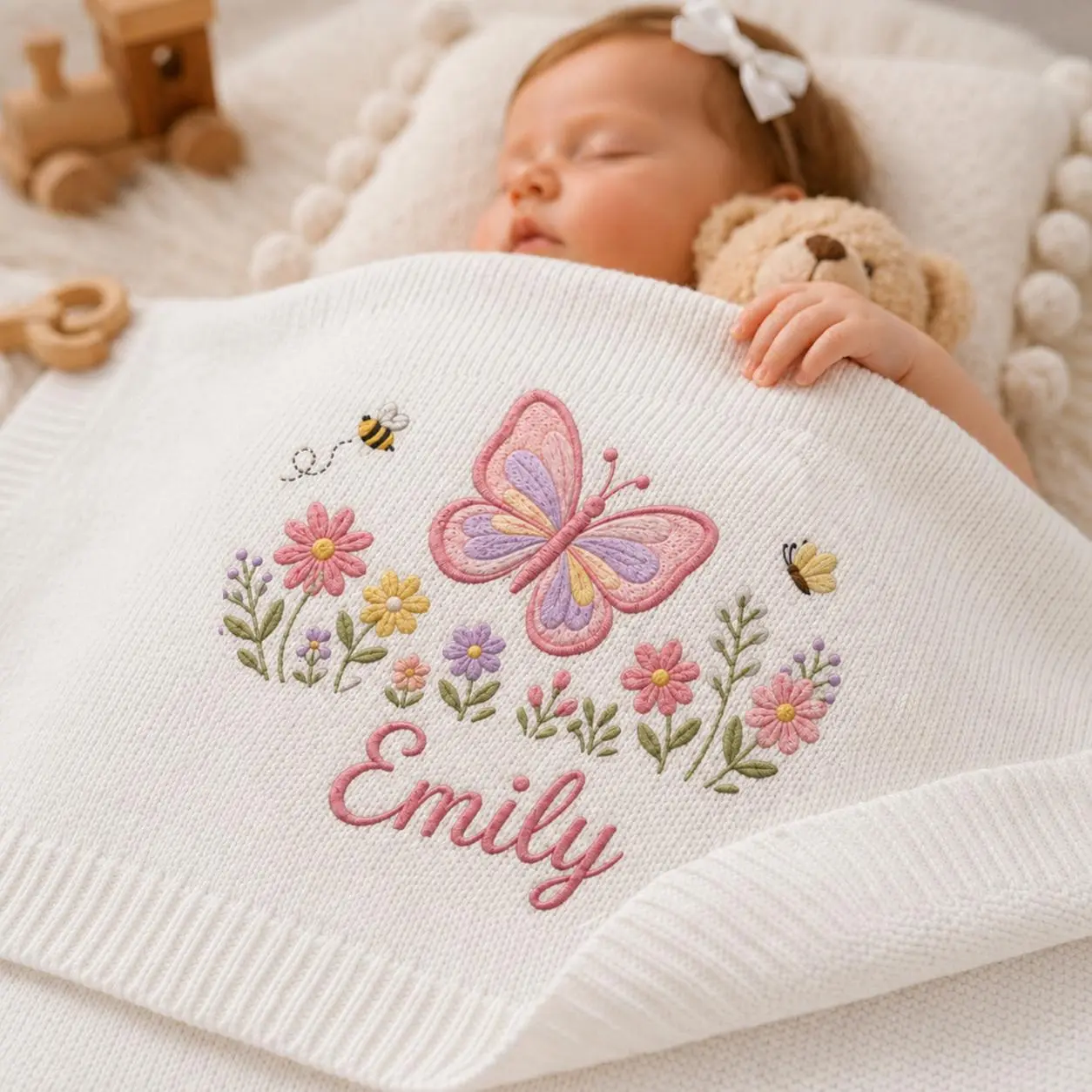 [Made-to-Order]Personalized Embroidered Baby Blanket, Wildflower Baby Blanket, Custom Name Floral Blanket, Butterfly Bee Baby Quilt, Nursery Receiving Blanket, Baby Shower Gift, Newborn Keepsake