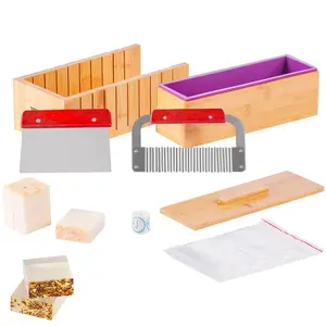 【Summervibes】VEVOR Soap Making Kit, Bamboo Cutting Box and Inner Box with Silicone Mold, Stainless Steel Straight Cutter and Wavy Cutter, 100 Bags and 105 Stickers, Soap Making Supplies DIY Kits for Adults