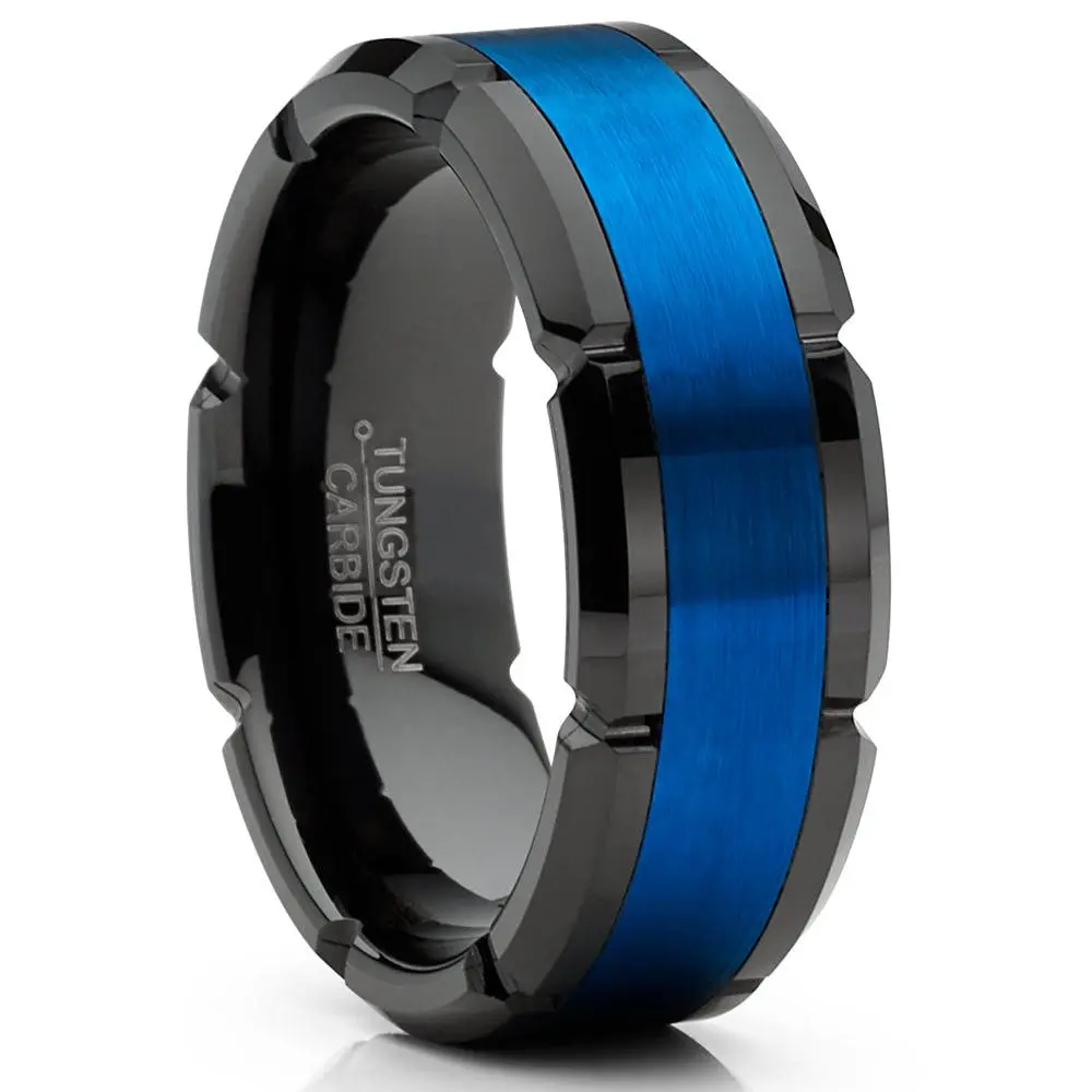 Trendy Men's Tungsten Carbide Grooved Wedding Band, Black Blue Comfort-Fit, 8MM High Polish Hypoallergenic Artificial Gemstone Ring