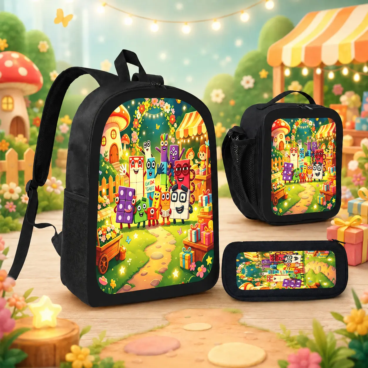 Numberblocks 3-Piece Backpack Set, TikTok Viral Fun Educational Cartoon Daypack with Lunch Bag & Pencil Case, Adjustable Strap Travel Carry Bag