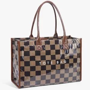 fashionable glitter designWomen's Vintage Plaid Tote Bag - Fashionable Letter Design, Clear Large Capacity with Black and Brown Accents, Magnetic Closure, and Durable Polyester Lining; Casual Commuter Handbag, Vintage Tote Bag, Minimalist Design,