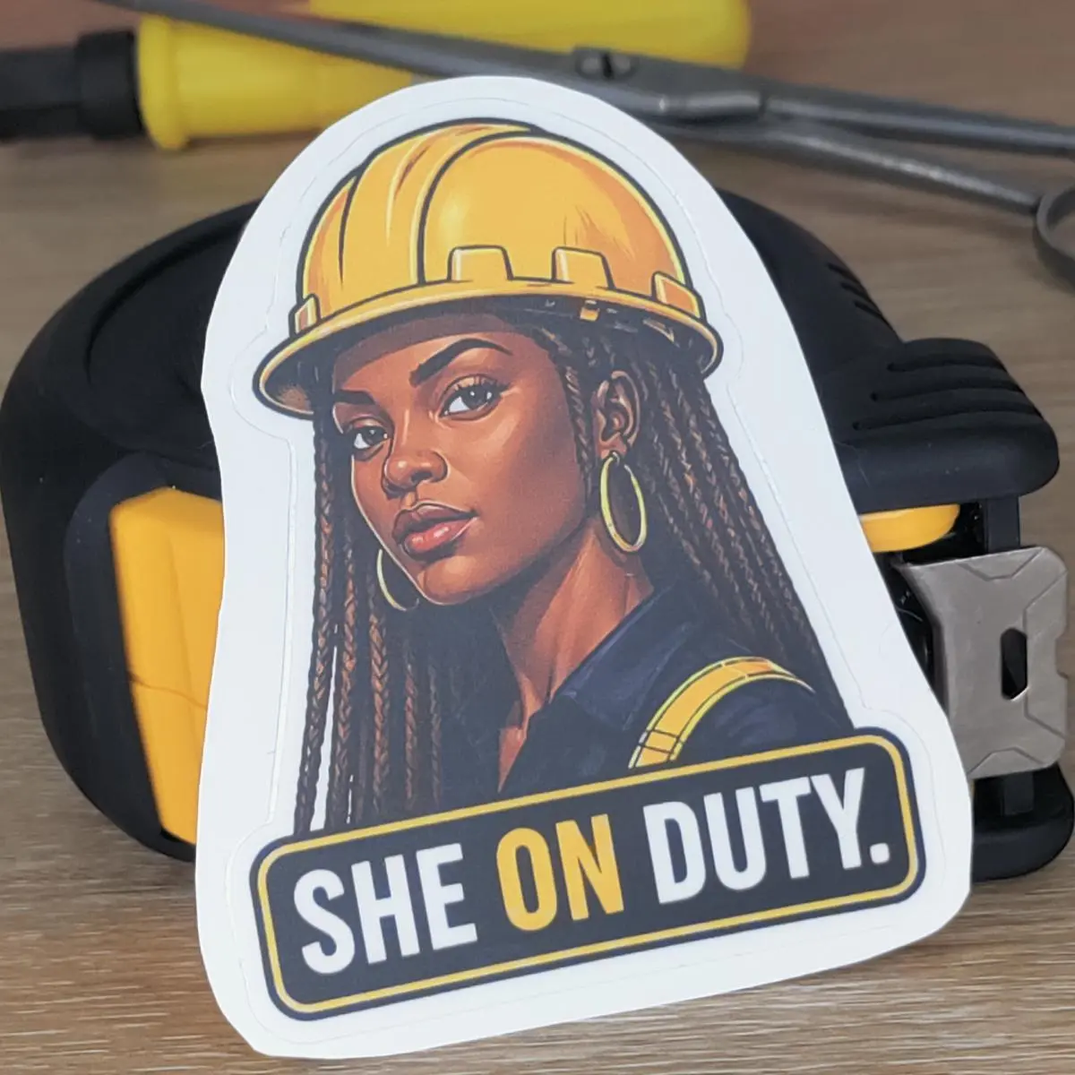 She On Duty Waterproof Vinyl Sticker for Hard Hats, Toolboxes & Water Bottles