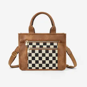 Checkered Canvas Tote Bag for Women, Crossbody Bag Top Handle Purse Black and White Checkered Shoulder Bag with Strap