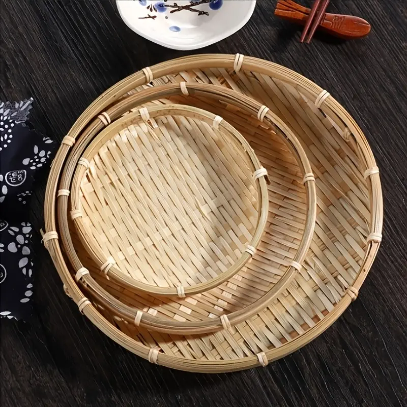 3-Piece set Vietnamese traditional handmade round rattan wicker service basket tray food kitchen bamboo fruit basket tray with handle home decoration tray