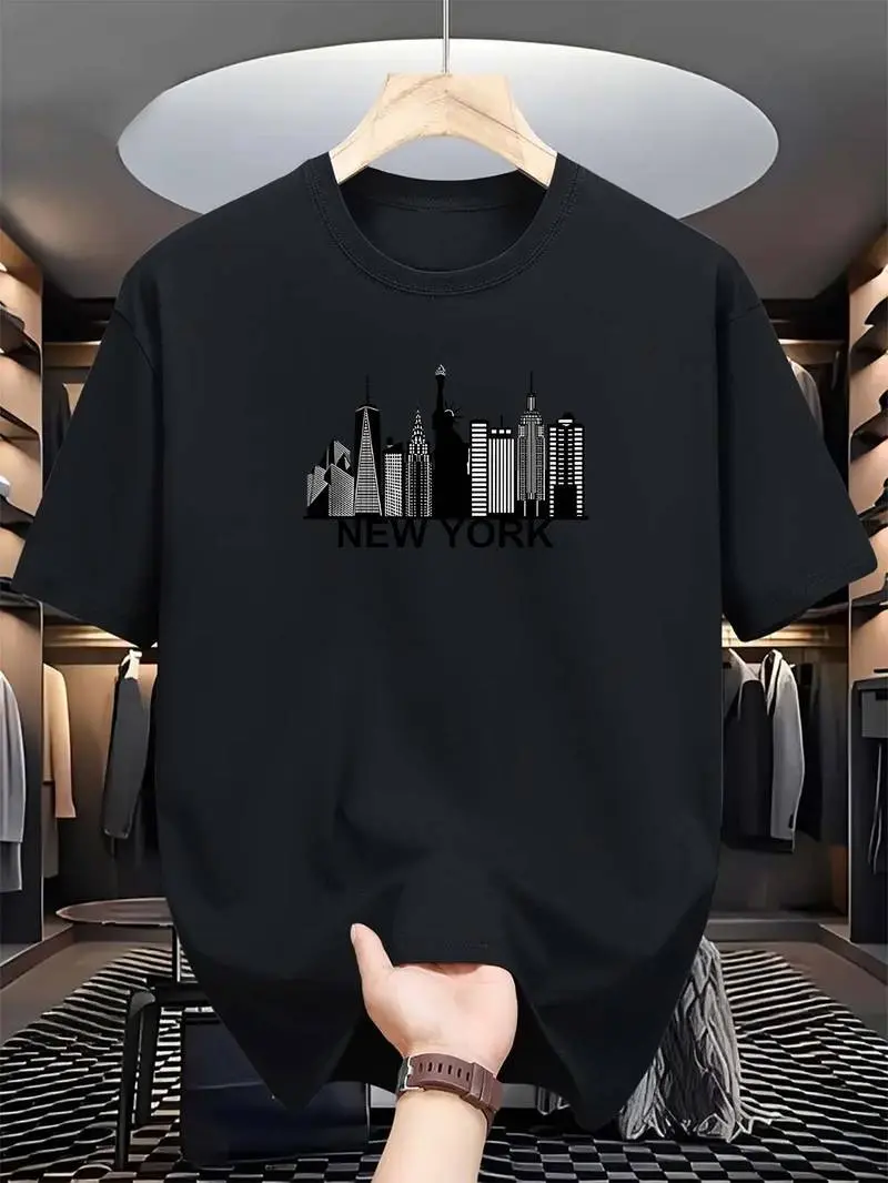Men's 100% Skin-Soft Cotton Casual Fit Graphic T-Shirt - Light Blue Short Sleeves for Airflow Menswear Top with Fadesafe New York City Skyline Print, Breathable, Durable Stitching