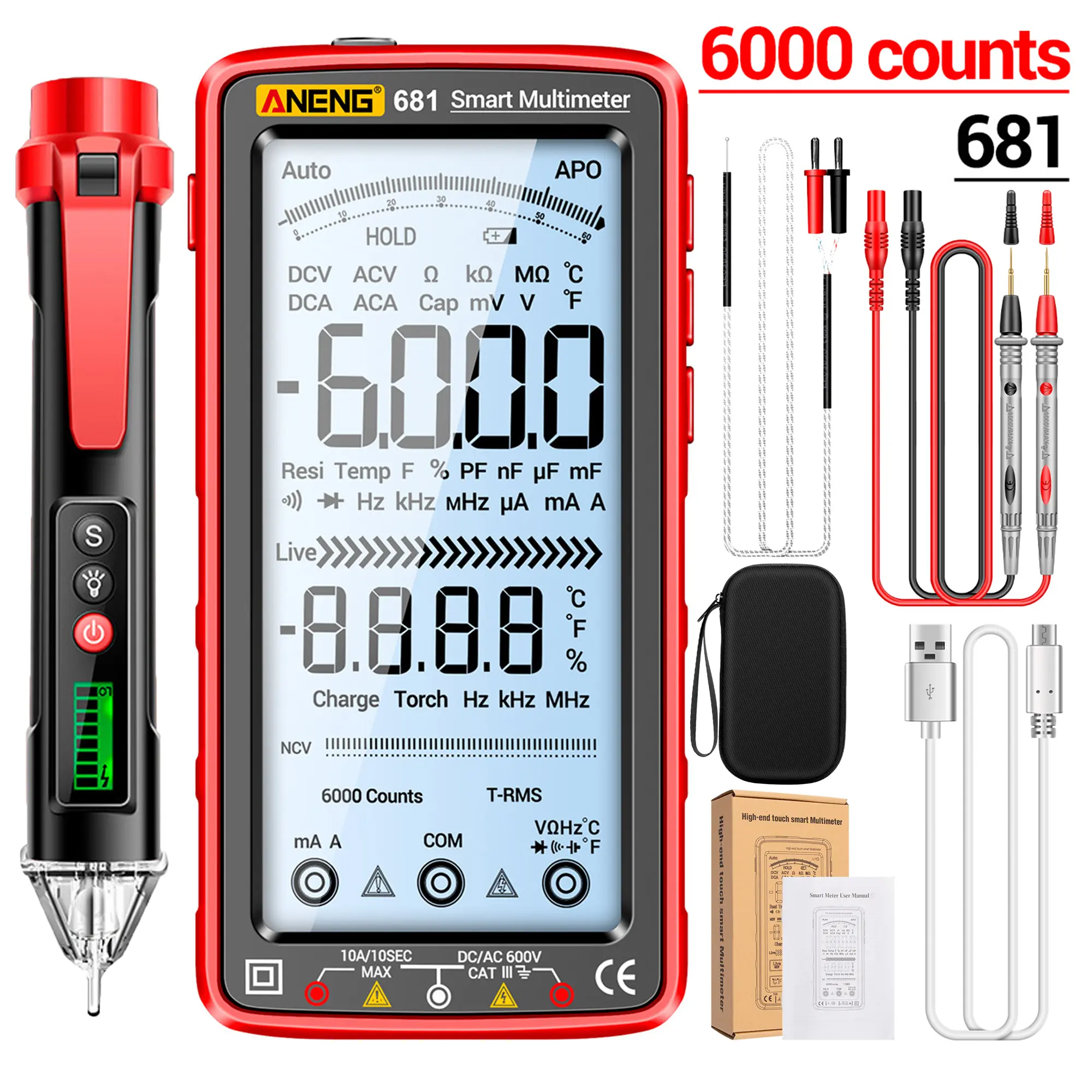TKDMR 681 Smart Digital Multimeter - 6000 Counts Touch Screen, Automatic Range TRMS, AC/DC Current, NCV, Voltage, Ohms, Resistor, Capacitor, Temperature Tester for Circuit Testing with EVA Shell & Test Leads Set