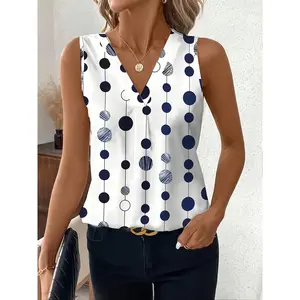 Classic and Elegant Casual Polka Dot V-Neck Tight-Fitting Women's Vest Set, Suitable for Spring and Summer