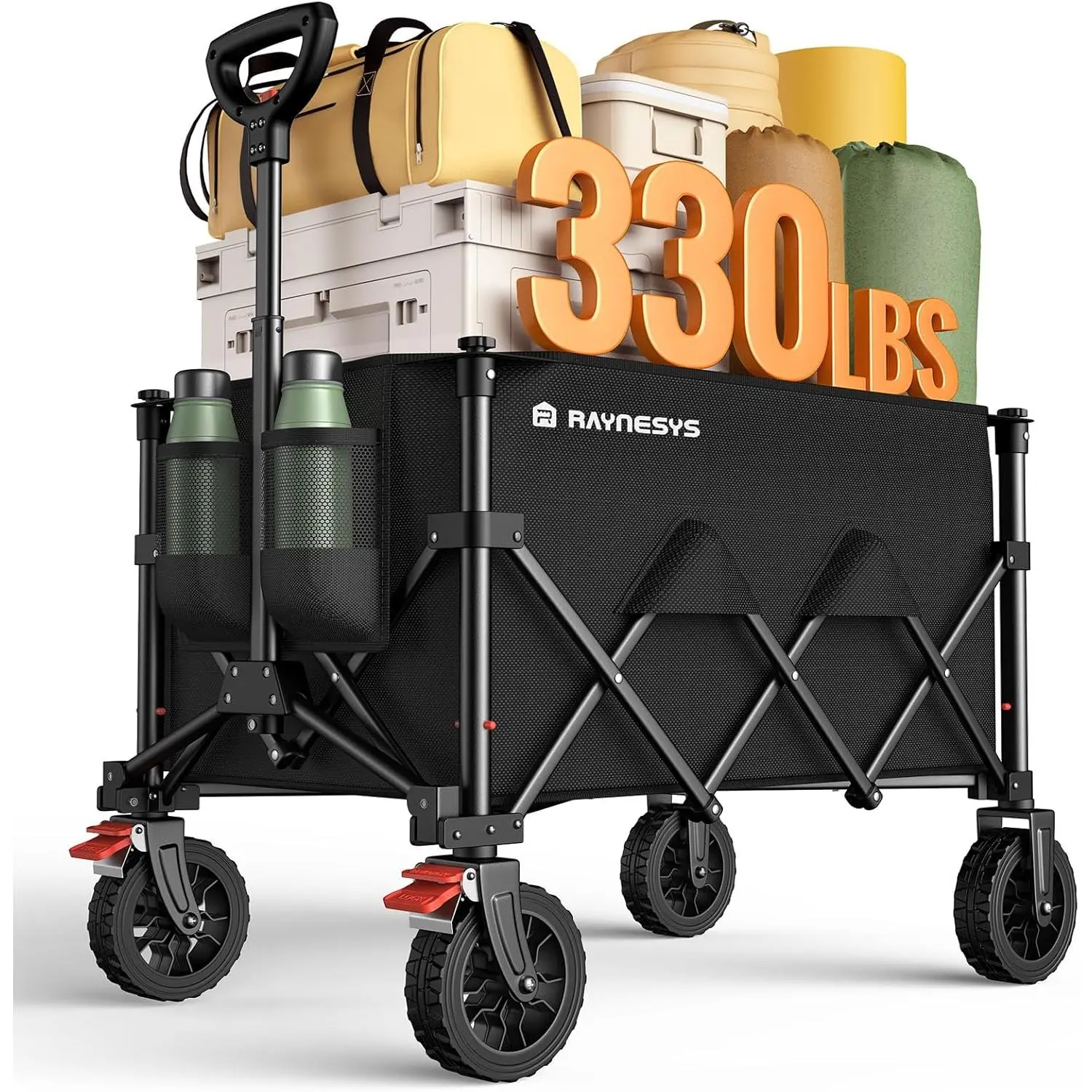 Wagons Carts Foldable, Collapsible Foldable Wagon 330lbs Capacity, Large Capacity Foldable Wagon with All-Terrain Wheels,Heavy Duty Utility Wagon Cart with Brakes for Beach Camping Shopping Sports Outdoor Portable cart Gardening Cart