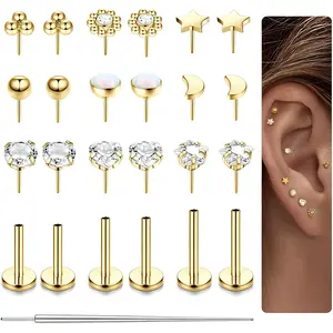 CASSIECA Threadless Nose Studs Set for Women Men Surgical Steel Earrings CZ Lip Labret Cartilage Helix Conch 316L Surgical Steel Push in Flat Back Earrings CZ Piercing Jewelry 20G 18G 16G