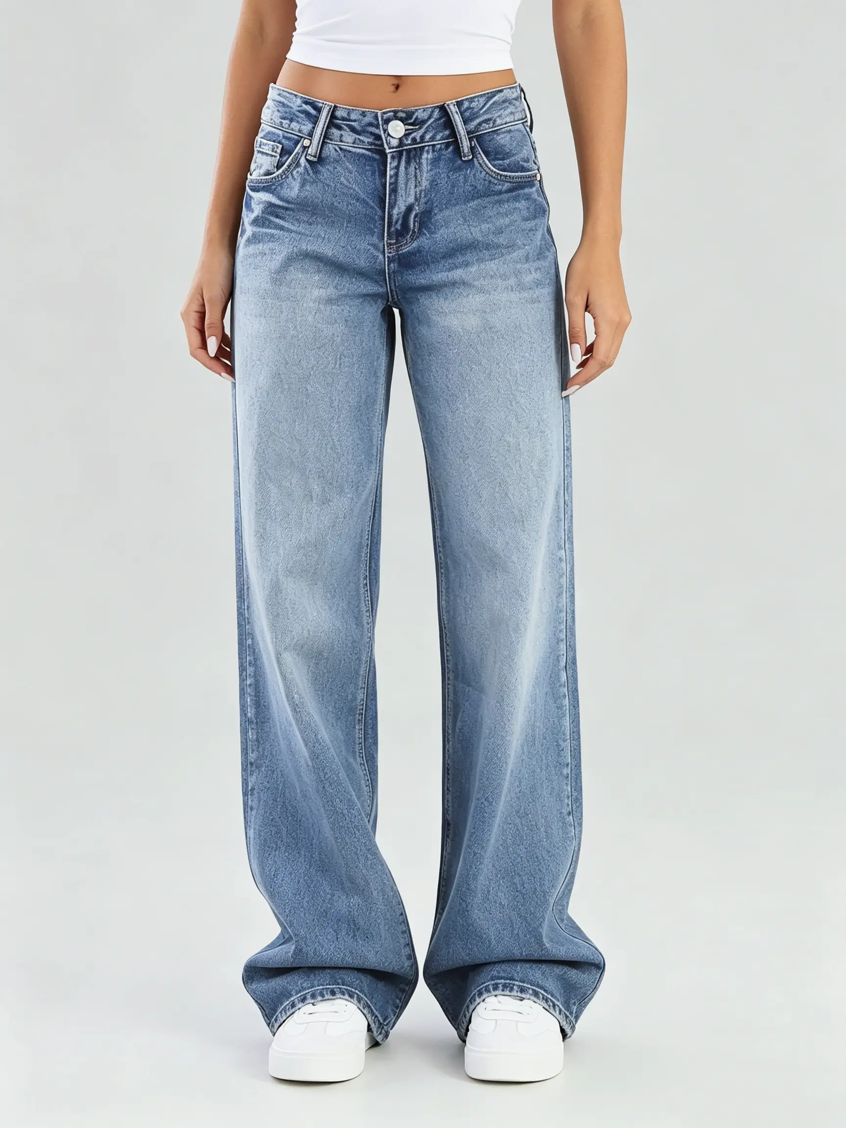 Women's Y2K Retro Light Wash Elastic Waist Denim Pants, Womenswear Bottom with Slim-Loose Wide Leg Design, Fashionable & Versatile Jeans Casual