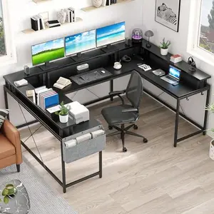 GARVEE U Shaped Desk, 79 Inch Large Corner Office Desk with Monitor Stands, Reversible L Shaped Computer Gaming Desk with Power Outlets & LED Lights,U Shaped Gaming Desk (Black)