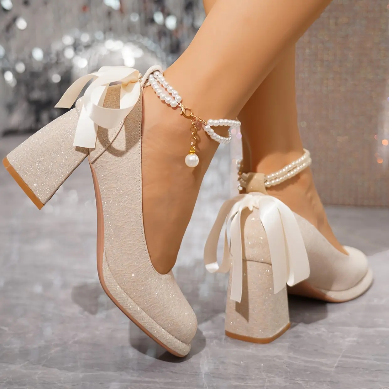 Women's French-Style Pearl Mary Jane High Heels, 2024 Autumn New Chinese-Style Design, PU/Leather Wedding Wear Shoes for Bridesmaids, All-Season Universal Fit