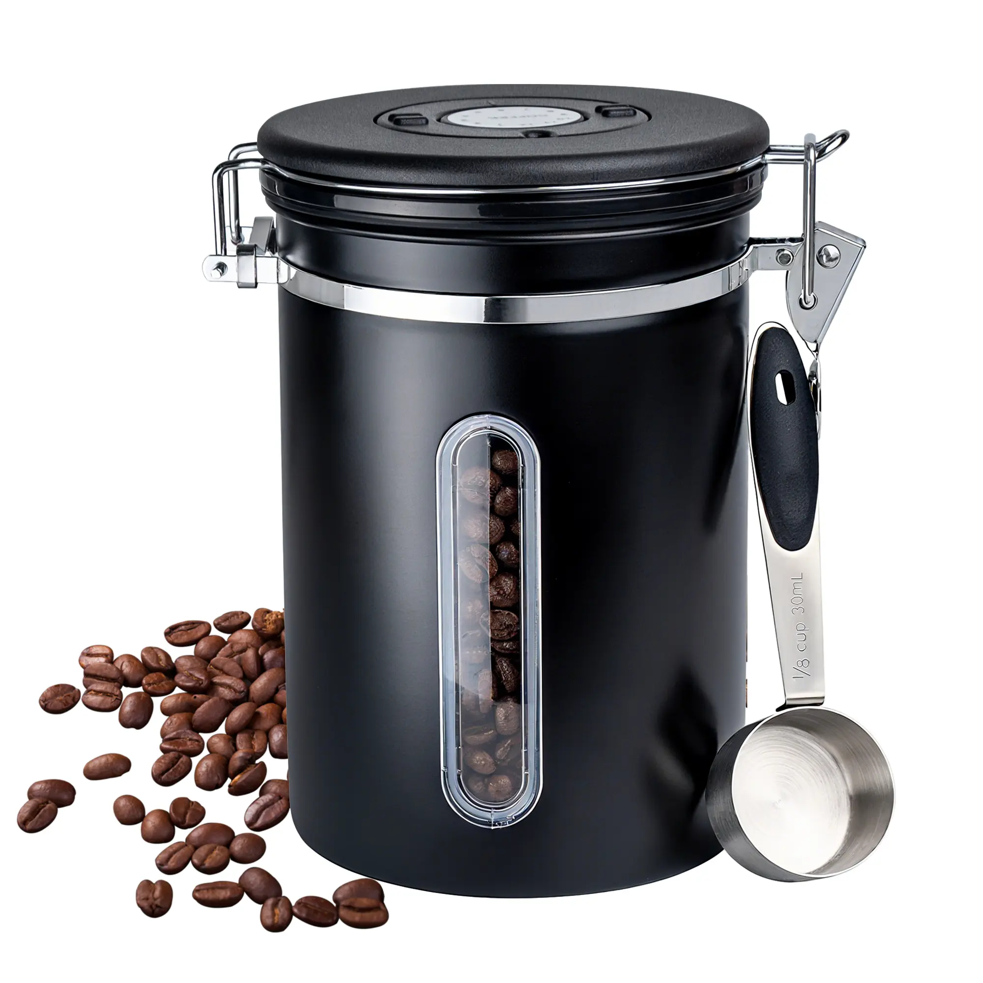 22oz Black Airtight Coffee Canister with Window – Stainless Steel Food Storage Jar with Date Tracker, BPA-Free Silicone Seal & Scoop – For Coffee Beans, Grounds, Tea, Oats, Nuts