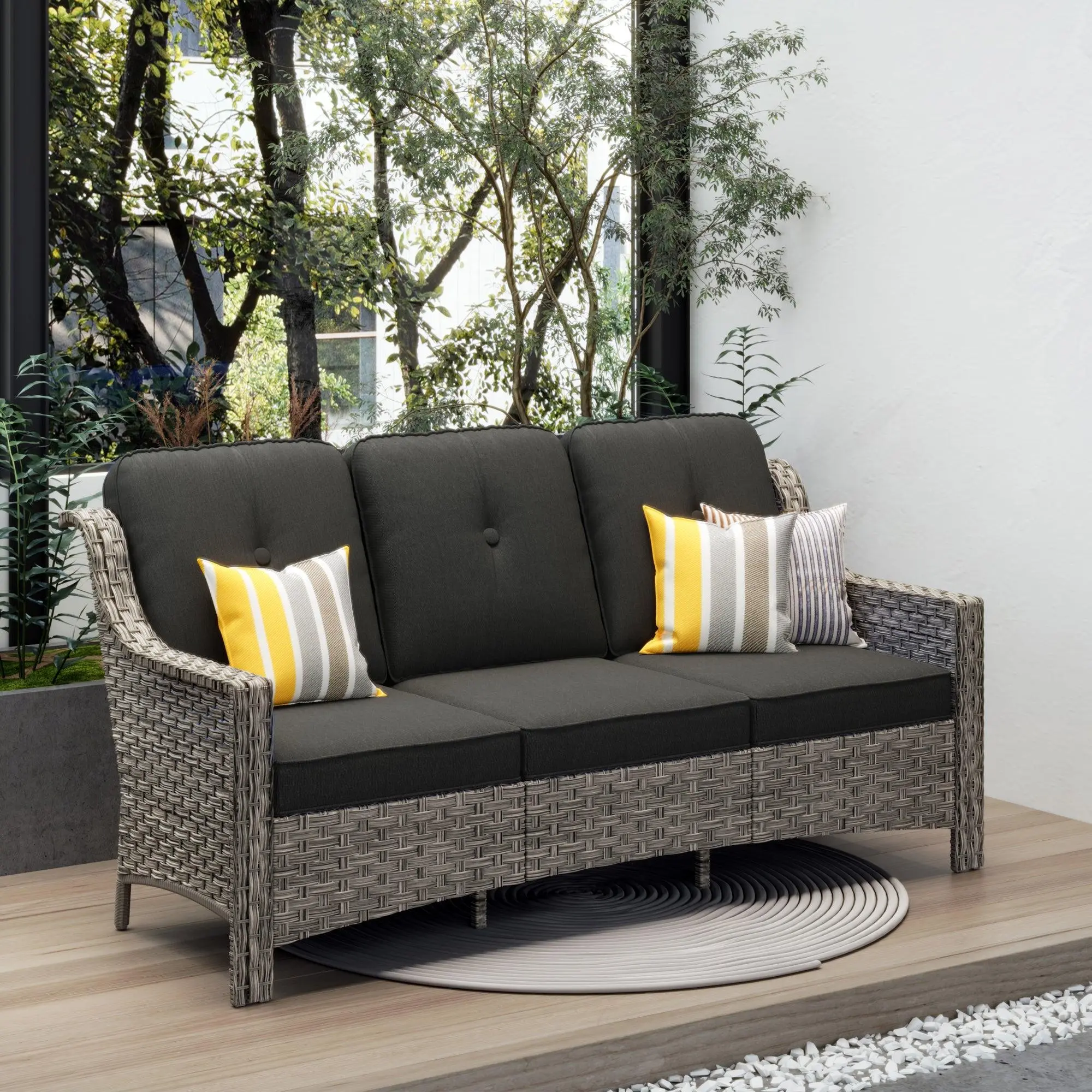 【Summerfinds】OVIOS Outdoor 3-Seat Patio Sofa with Thick Cushions, All-Weather PE Wicker Couch for Backyard, Patio, Porch, Deck, Garden, Balcony & Outdoor Living
