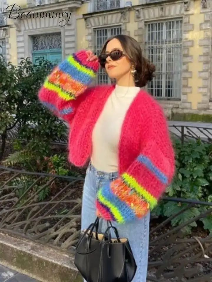 Boho Preppy Multicolored Sweater Oversized Cardigan