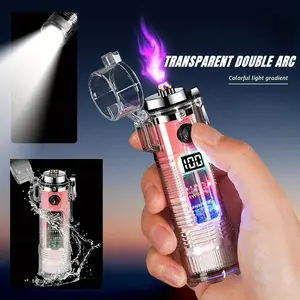 Windproof USB-C Rechargeable Lighter with Flashlight - Dual Arc Ignition, Transparent Body, Fast Charging, Long-Lasting Lithium-Polymer Battery, Compact & Portable for Camping, Hiking, Travel - Ideal Outdoor Survival, Gifts for Men, Electricians, Mechanic