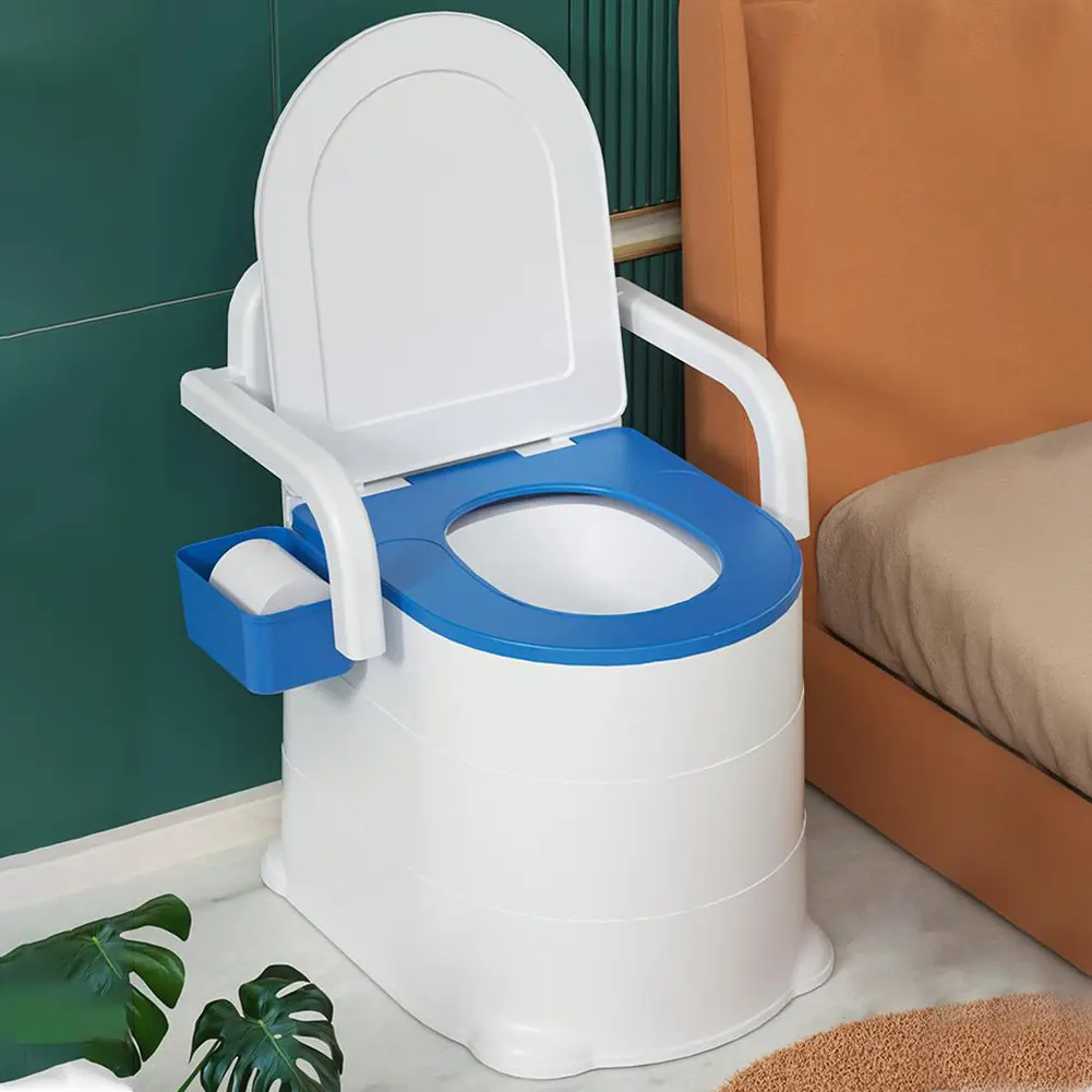 Portable Heavy-Duty Bedside Commode Squat Toilet with Armrest Support, 2 Inner Buckets, Odor-Sealed Dual-Lid, Noise-Free Mechanism, Non-Toxic Materials, Tissue Holder, Supports Up to 880 lbs | Home Bathroom Supplies for Elderly, Disabled