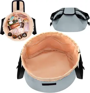 Barrel Drawstring Makeup Bag Large Travel Makeup Bag,Portable Large Capacity  Bag Toiletry Organizer for Travel Accessories Make Up Essentials and Hair Product,Gifts for Women (greyish blue)