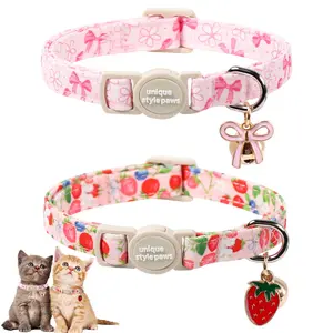 Unique Style Paws Cute Pink Cat Collar with Bell & Pendant, Adjustable Cotton Cat Safety Collar with Breakaway Buckle for Girl Boy Cats