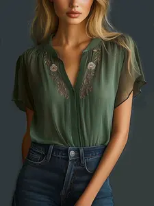 Women's Elegant Embroidered Ruffle Short Sleeve Blouse, Loose-Fitting Summer Shirt, Breathable and Comfortable, Fashionable Design