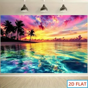 1PC,2D Flat Dreamy Tropical Beach Sunset Backdrop, Festival Party Event Decoration Photography Background, Colorful Coconut Grove Seaview Scene Setting Backdrop, Birthday Party Celebration Shooting Back