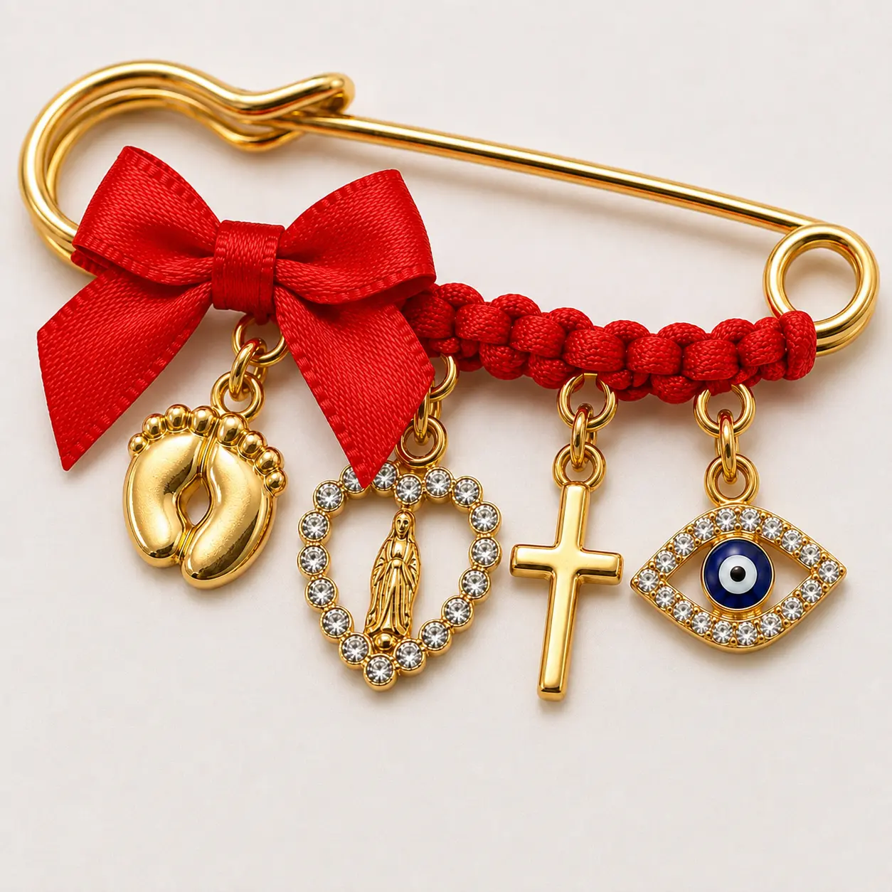 Protection Brooch for Pregnancy & Baby Religious Charm Maternity Safety Pin Brooch – Virgin Mary, Cross & Evil Eye Belly Jewelry Pin