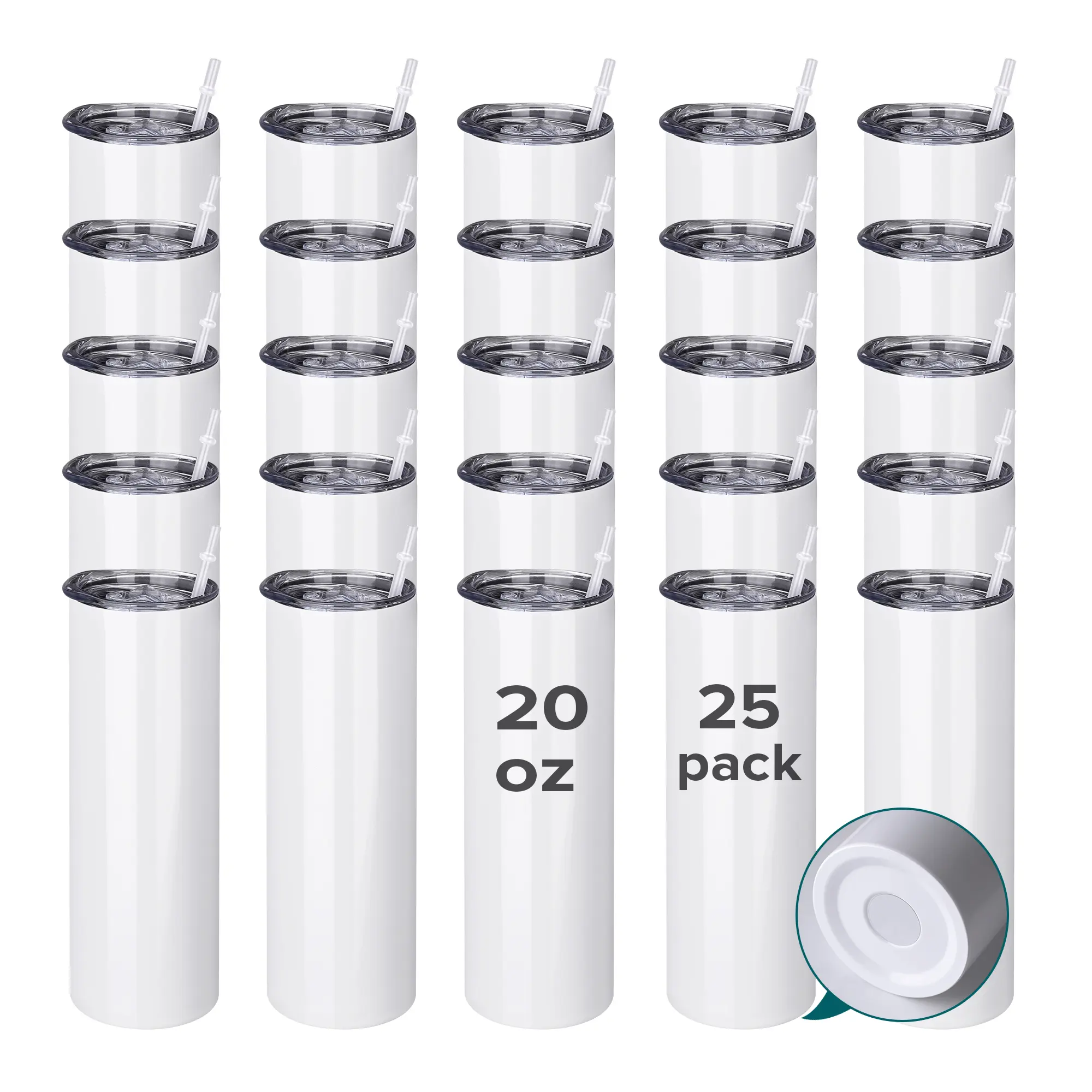 FASTSUB 20oz Edge Skinny Sublimation Tumblers Bulk 25-Pack - Stainless Steel Double Wall Insulated Portable Water Bottles & Flasks, BPA/Lead-Free Drinkware with Lid, Straw, Flat Edge Base, No Logo for Tumbler Press Machine (Complete Set), Silicone, Sublim