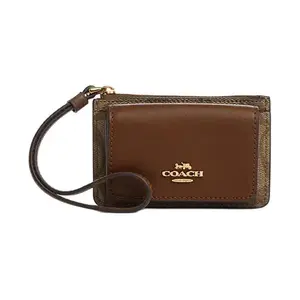 COACH Card Case 11 for Women – Classic Monogram Zip Closure PVC and Suede Blend in Khaki and Saddle Brown