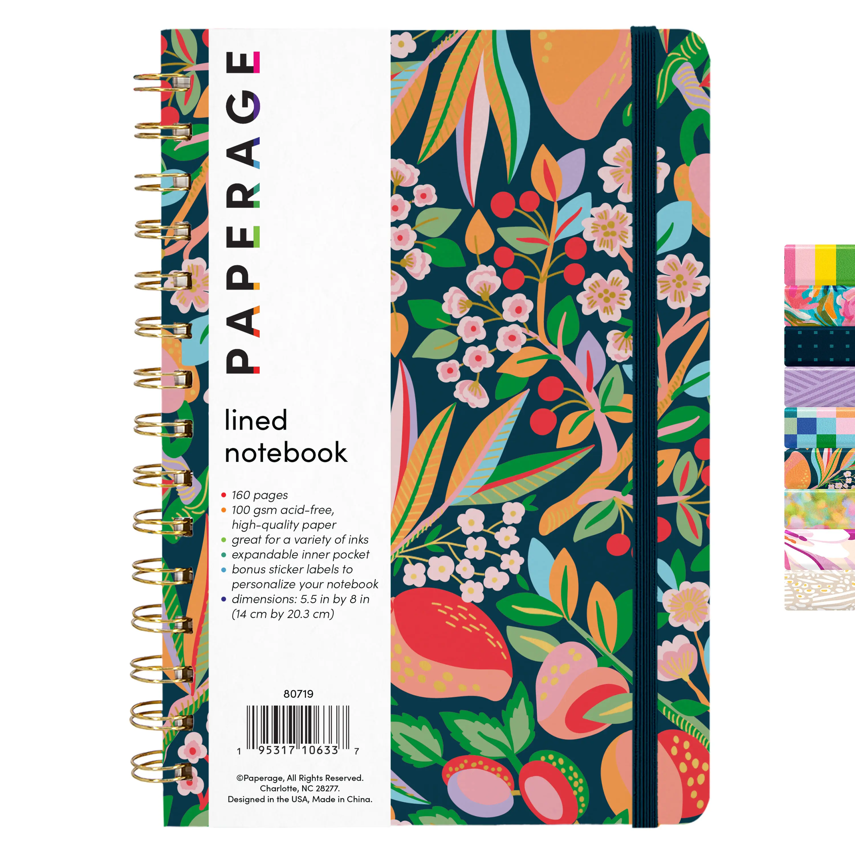 PAPERAGE Durable Lined Spiral Journal Notebook, Hardcover, 160 Pages, with Inner Pocket, Durable Notebook