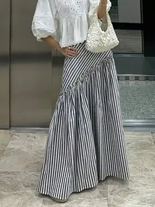 Women's Asymmetrical Patchwork Plaid Midi Skirt, Long Dress with Ruffled Hem, Elegant Pleated Design, Perfect for Casual & Formal Wear