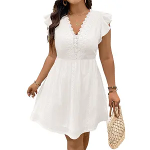 Eytino Plus Size Dresses for Women Summer Ruffle Cap Sleeve Lace V Neck Embroidery Eyelet A Line Dress(1X-5X)