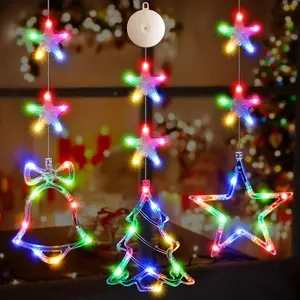 3Pcs Christmas Window Lights Decorations with Timer, Battery Powered Christmas Window Hanging Multicolor String Lighted Tree Bell Star Shaped LED Sucker for Xmas Window Fireplace Indoor Decor