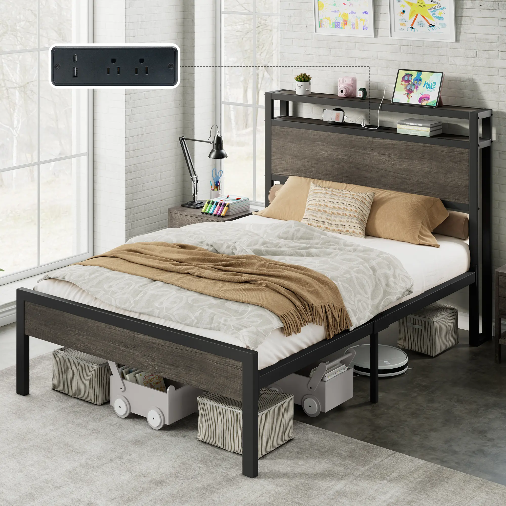 [SummerSale] ALBOTT Modern Bed Frame with Storage Headboard & Charging Station, Industrial Metal Platform Bed with Large Under-Bed Storage, Heavy Duty Slats, No Box Spring Needed