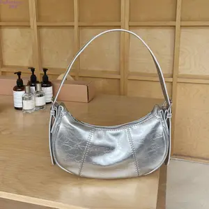Women's 2026 New Korean Niche Design Metallic Silver Textured Underarm Purses - Top-Handle Handbag, Multi-Wear Crossbody Shoulder Bag, Premium Elegant Versatile for Daily Commute, Party