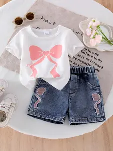 Baby Girl 2-Piece Set Round Neck Short Sleeve Bow Print Design T-Shirt Top and Embroidered Denim Shorts