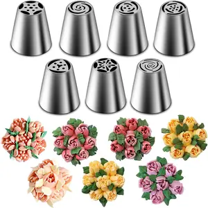 Russian Piping Tips Set, Stainless Steel Cupcake Flower Shaped Frosting Nozzle Kit, Kitchen Gadgets For Pastry, Cupcakes, Cakes, Cookies Decorating (7 Pieces)